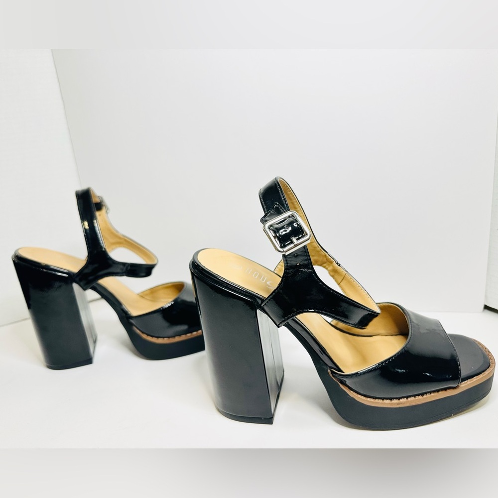 High Heel Ankle Strap Sandals - Black Patent / Platform Thick Heels tan sole.